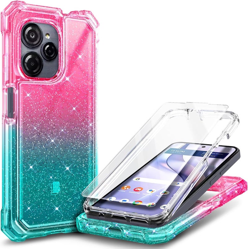 WDHD Compatible with Blu View Speed Ultra 5G Phone Case Glitter Pink/Aqua | Full-Body Protective Shockproof Bumper Cover with Tempered Glass Screen Protector, 12FT Military Grade Drop Tested - Image 1